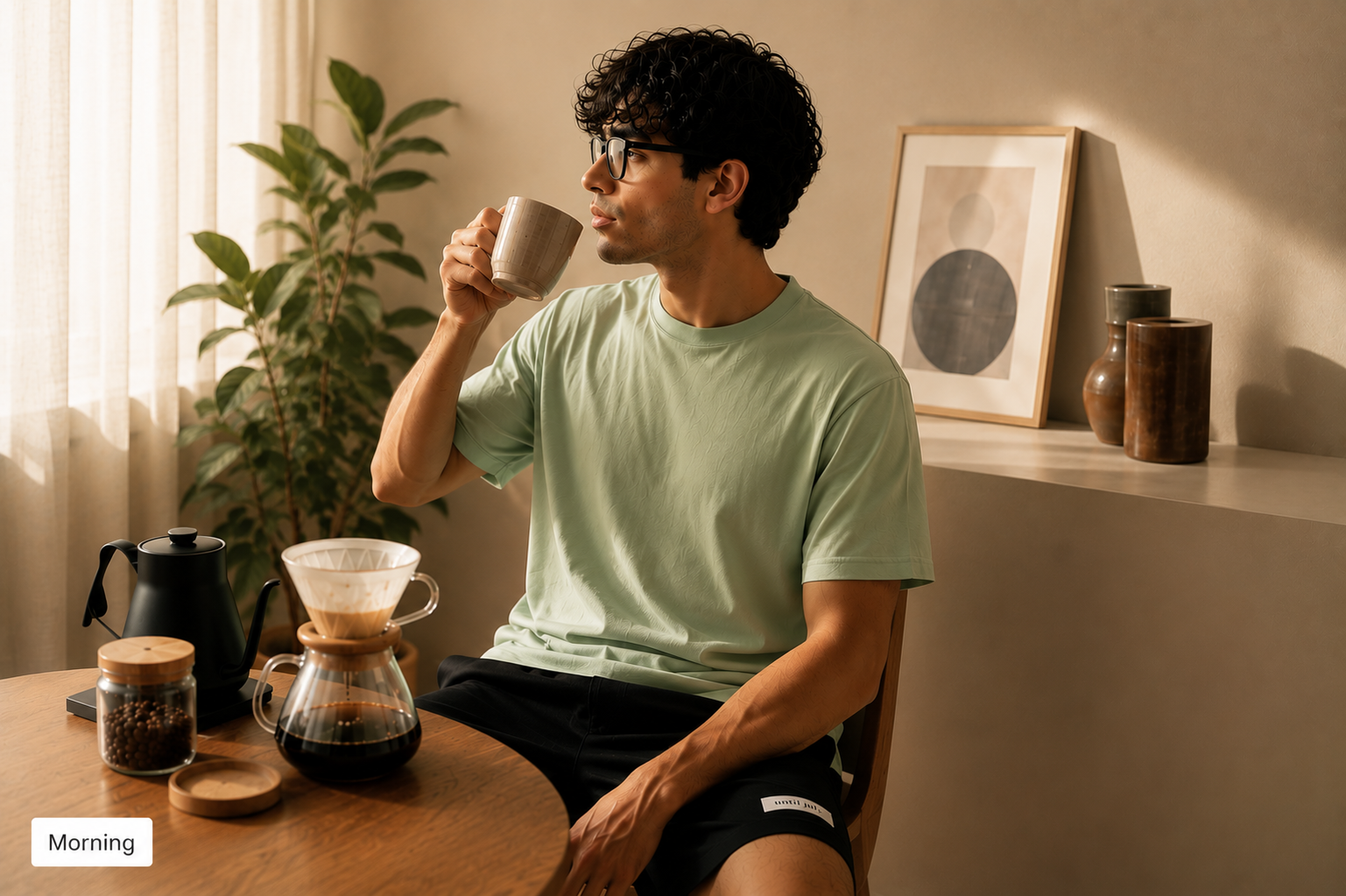 A man wearing a light sage green t-shirt and black shorts sits at a wooden table in a warm, sunlit room, holding a white mug. In front of him is a glass coffee maker with brewed coffee, and in the background are a potted plant, a shelf with vases, and framed wall art.